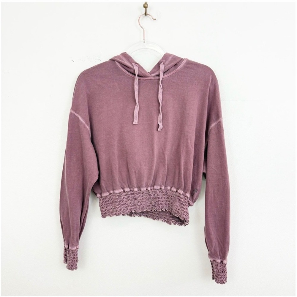 Electric & Rose Cropped Smocked Hem Hoodie Mauve Pink Size Small
